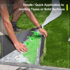 Threlaco applying glue to artificial turf seam with nozzle, ensures secure bonding benefit