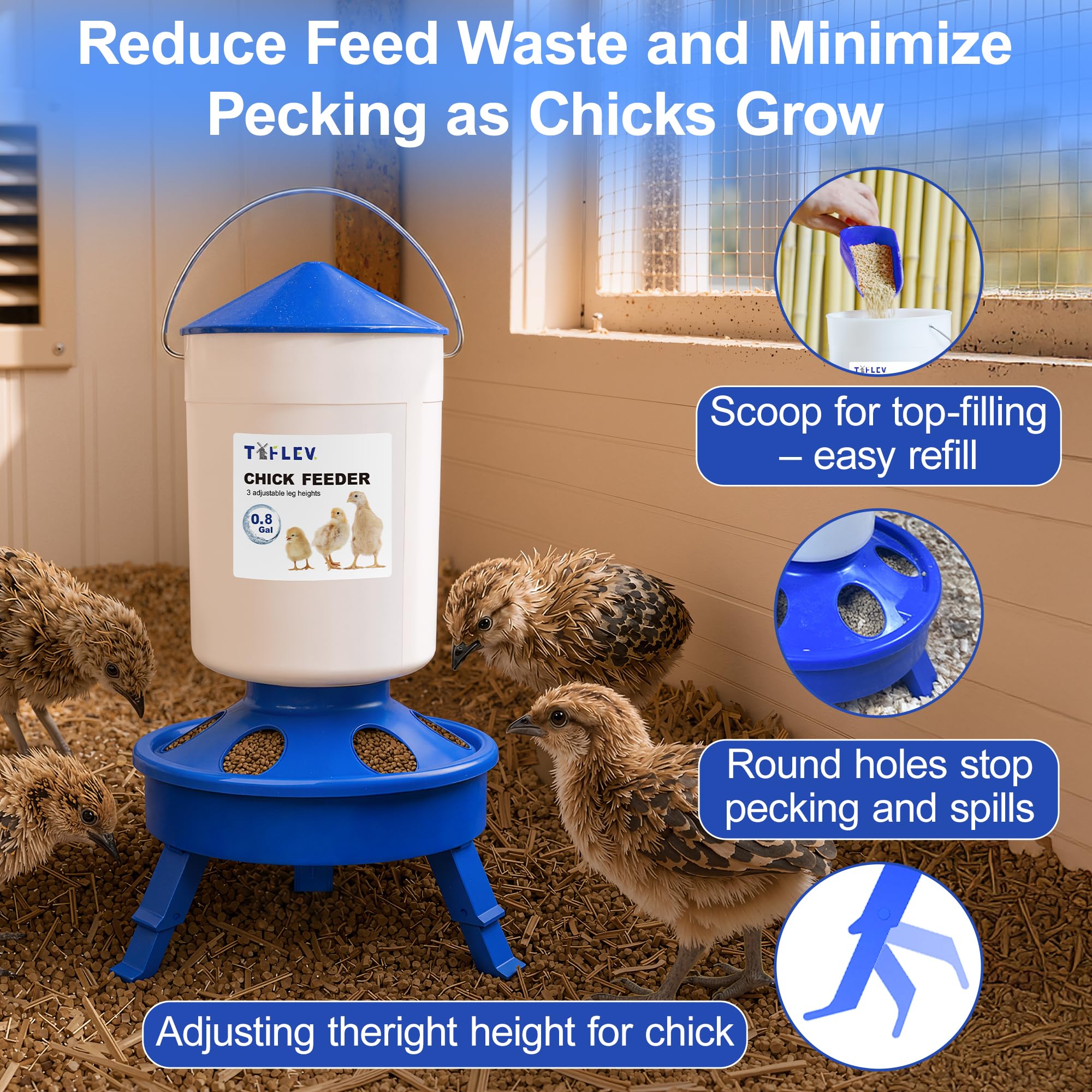 Tiflev adjustable tripod legs displayed at three heights for growing chicks