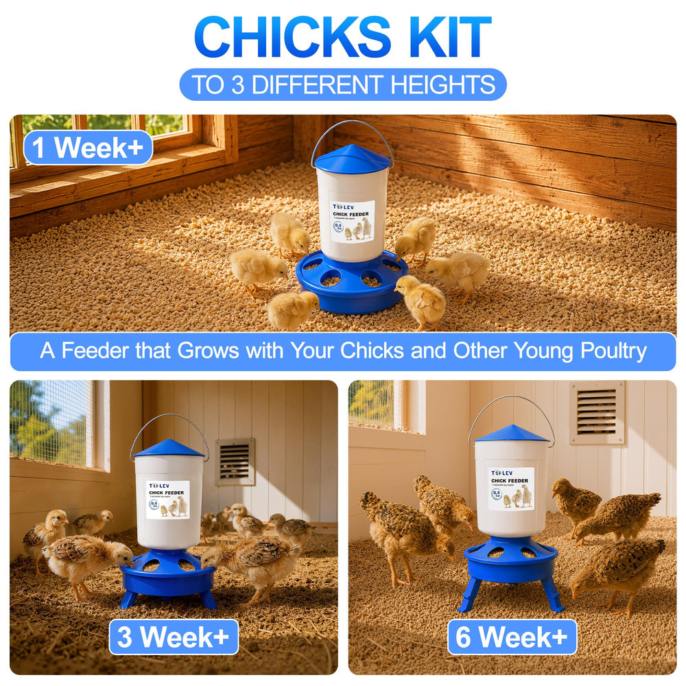 Tiflev size comparison showing 0.8gal feeder and 0.4gal waterer capacities