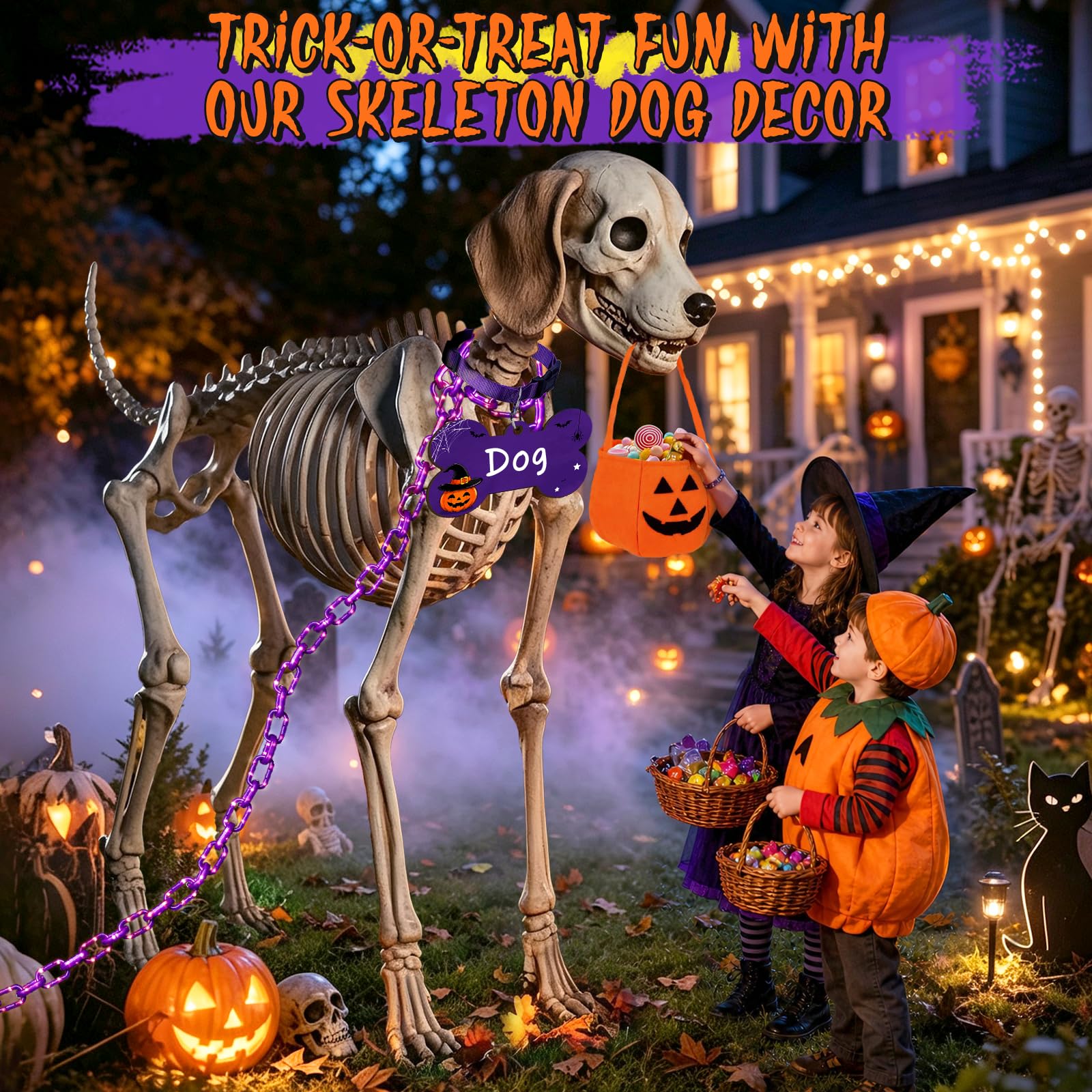 TimeHazy pumpkin bag placed in skeleton mouth creates playful trick-or-treat scene