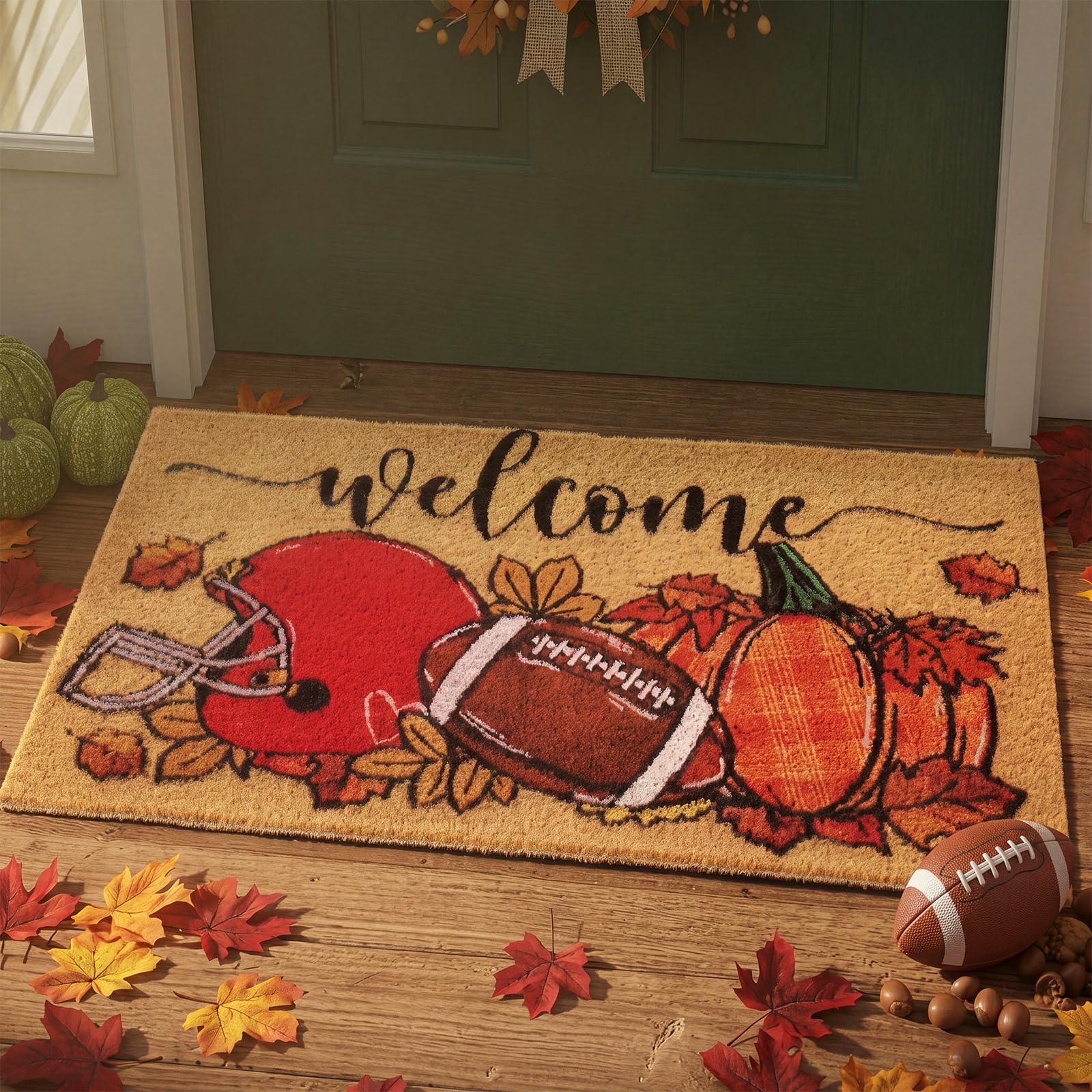 Tinideya front view of fall football doormat showing welcome design and curb appeal