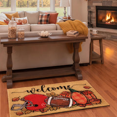 Tinideya doormat in use on porch displaying seasonal welcome and safety benefit