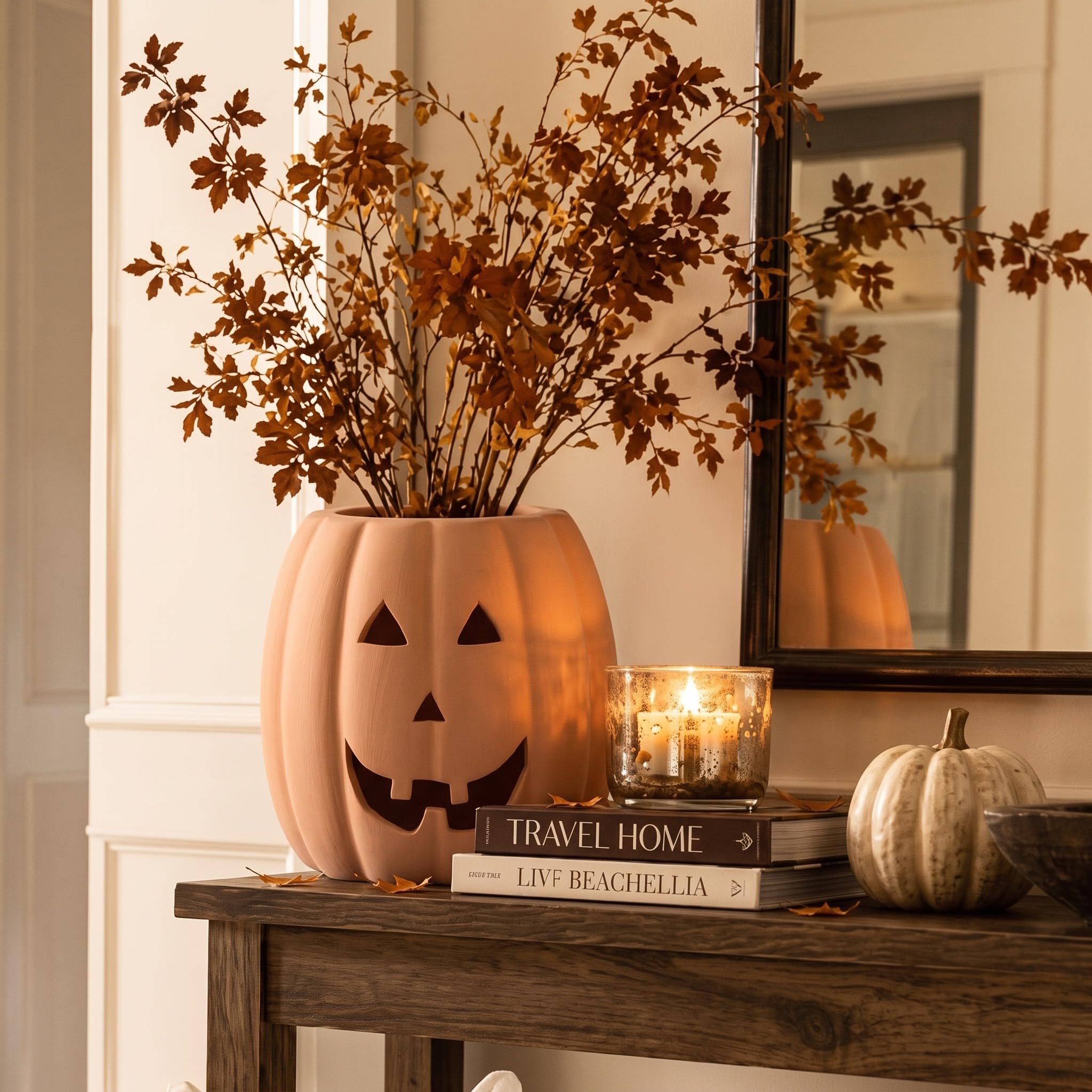 Tioncy planter filled with succulents on mantel for cozy seasonal display