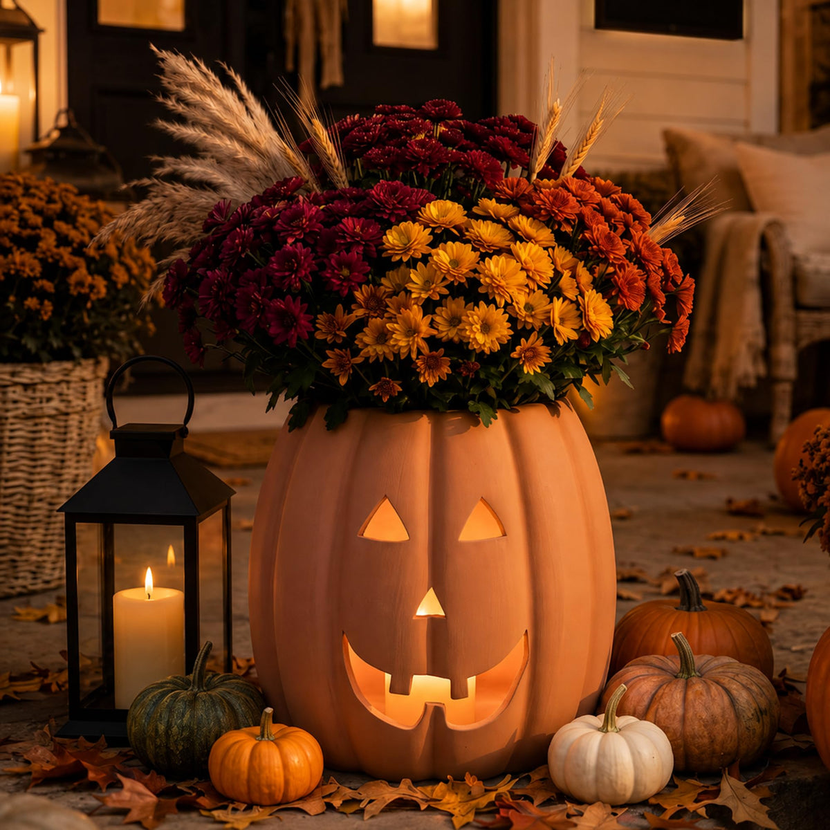 Tioncy front view of pumpkin planter showing warm terracotta and seasonal charm