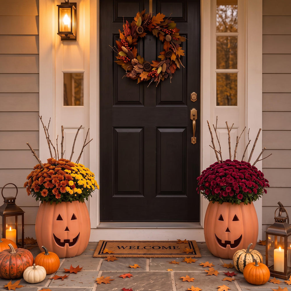 Tioncy pumpkin planter staged on porch adding autumn curb appeal