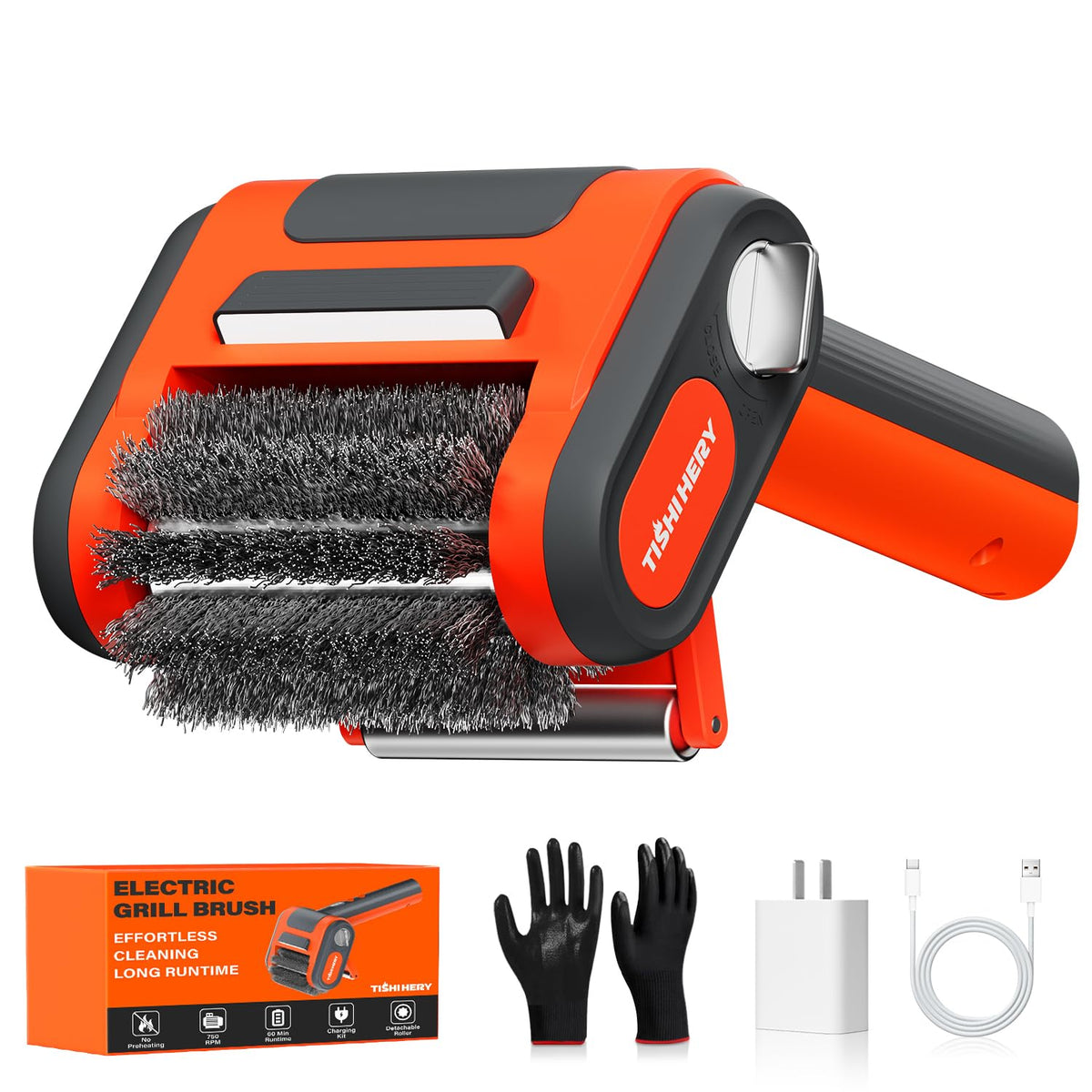 TISHI HERY front view of cordless electric grill brush showing controls and handle, quick cleaning