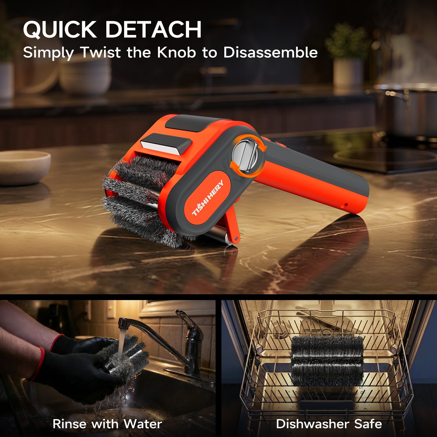 TISHI HERY lifestyle scene cleaning a backyard grill, faster prep and easier maintenance