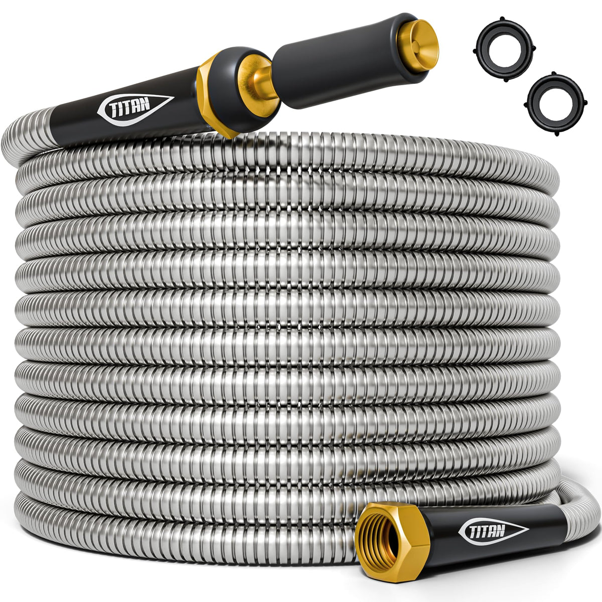 Titan front view stainless garden hose showing durable exterior and long reach benefit