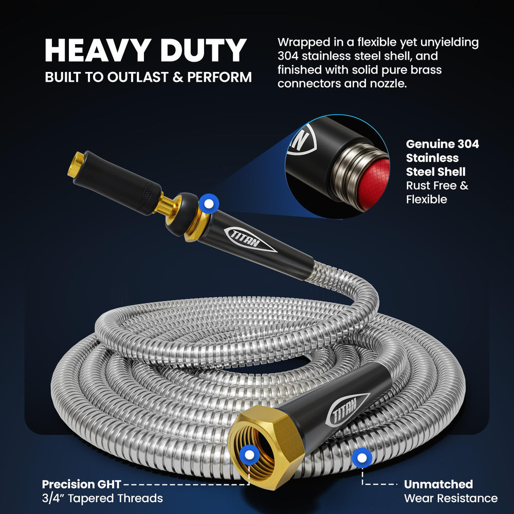 Titan hose in use watering garden displaying reliable high-pressure cleaning benefit