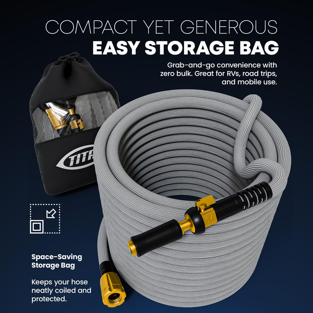 TITAN hose beside ruler showing 50FT length for yard and car wash projects