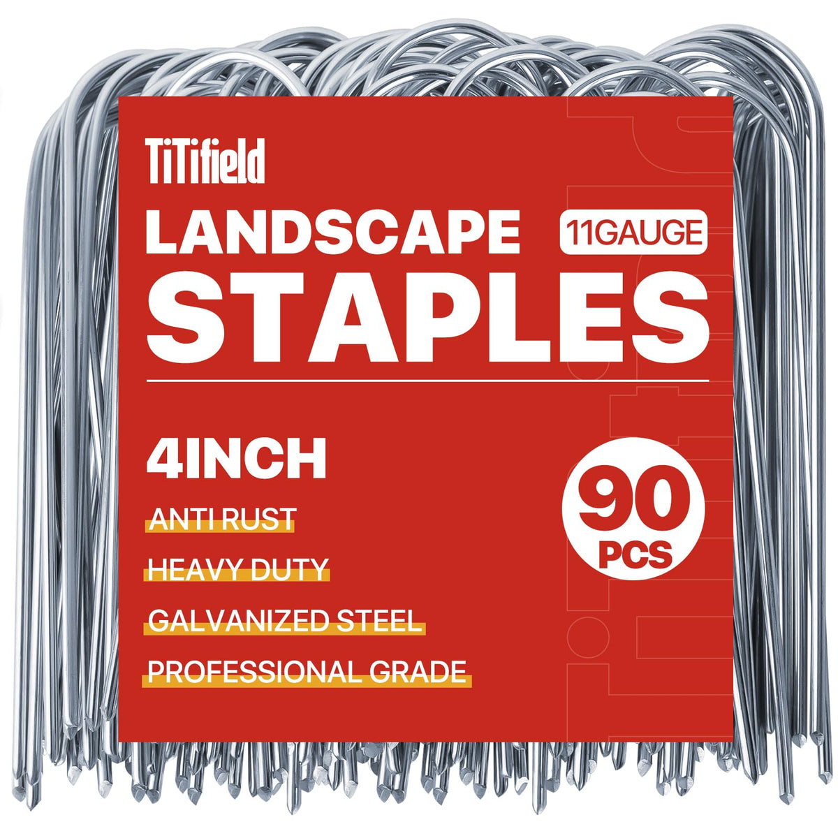 TiTifield front pack of 90 stakes showing durable galvanized staples and clear count