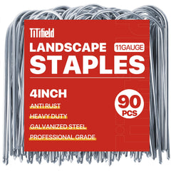 TiTifield front pack of 90 stakes showing durable galvanized staples and clear count