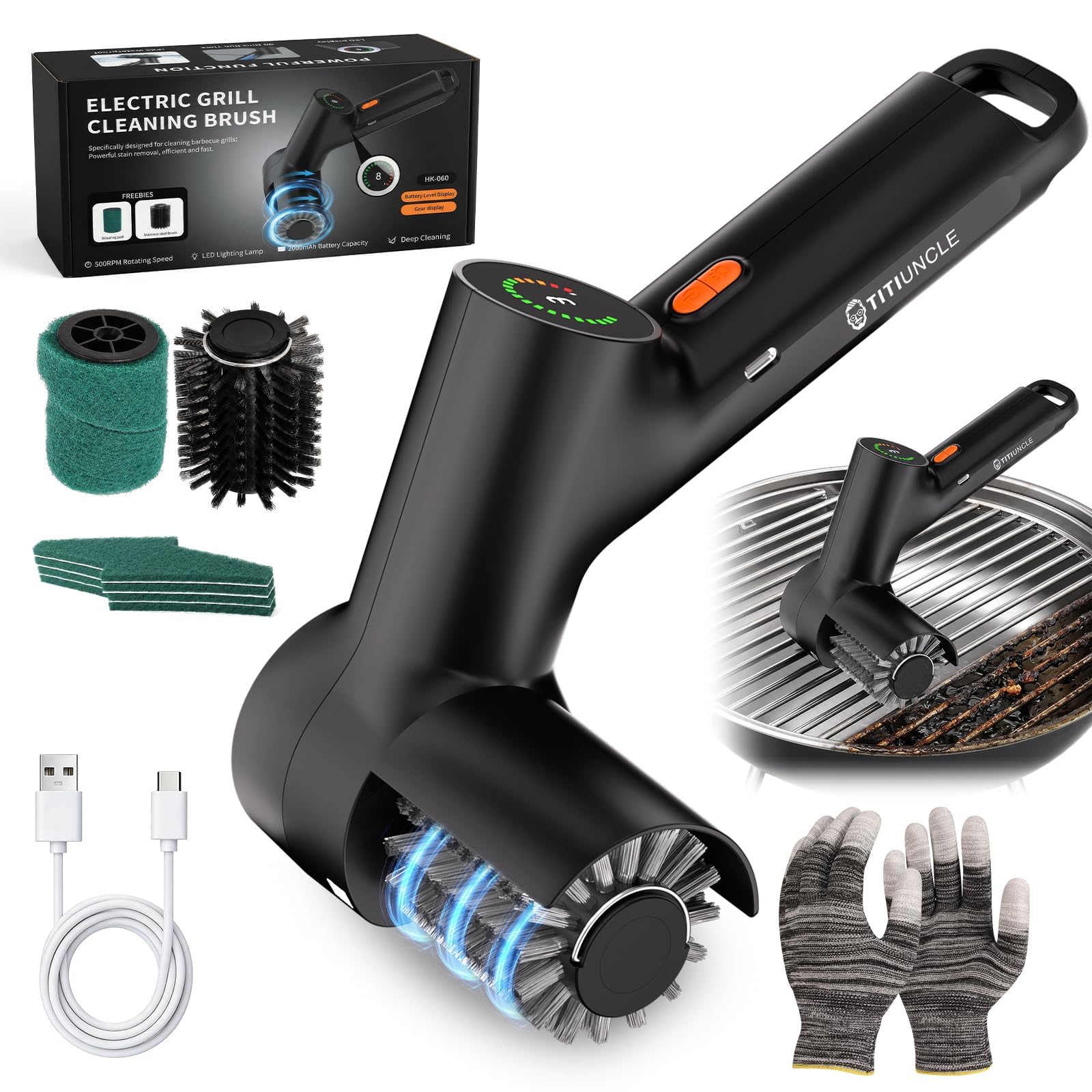 TITIUNCLE front view of electric grill cleaner showing handle and controls for fast cleaning