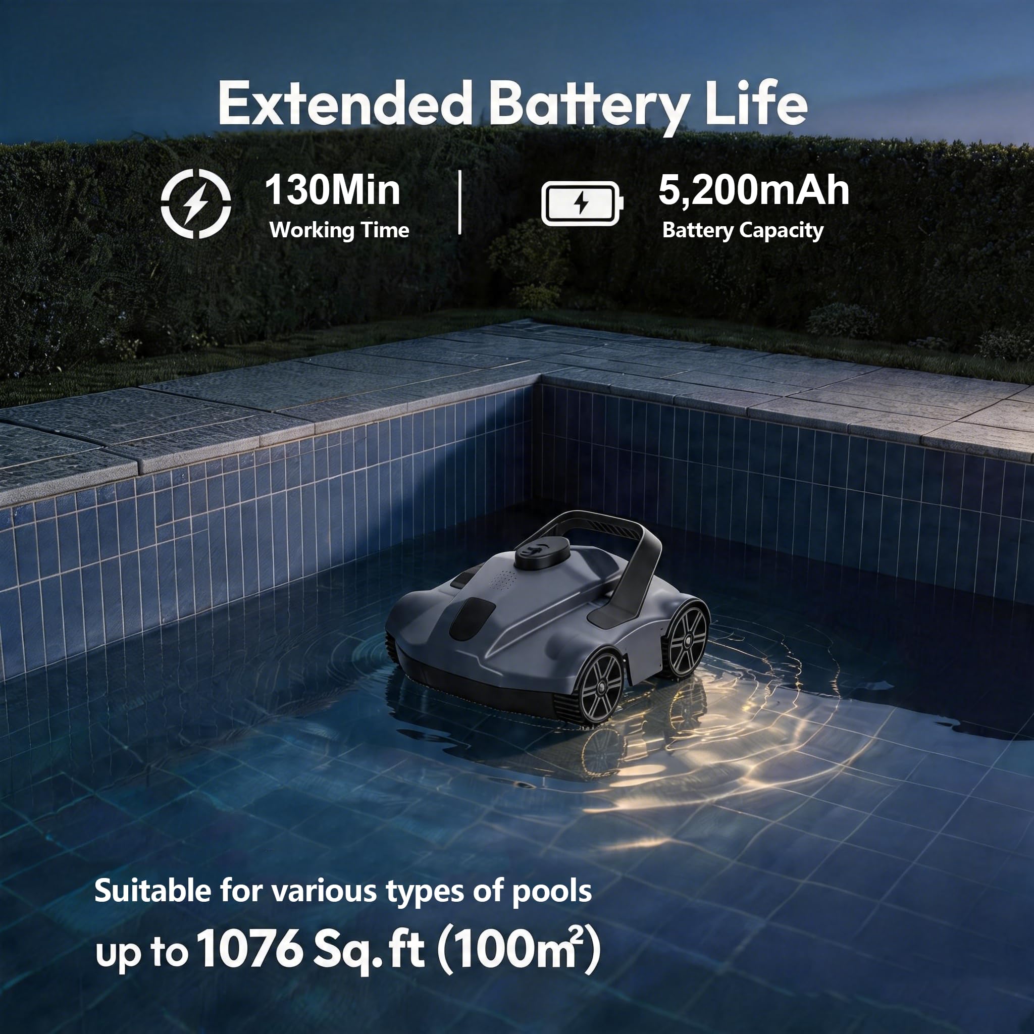 TLWOCY side profile in pool demonstrating cordless cleaning convenience