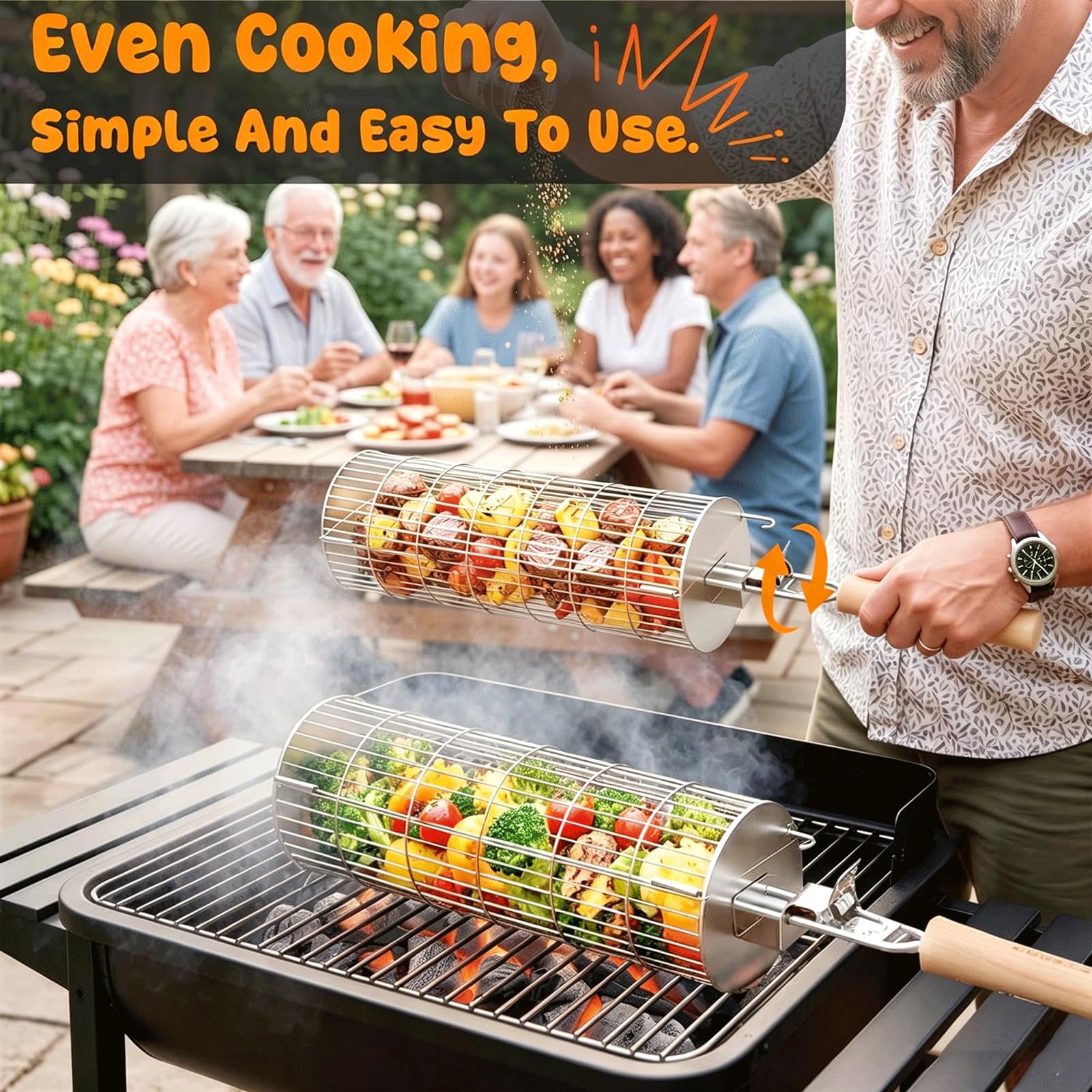 TNTOR basket in use over charcoal grill for even 360-degree cooking