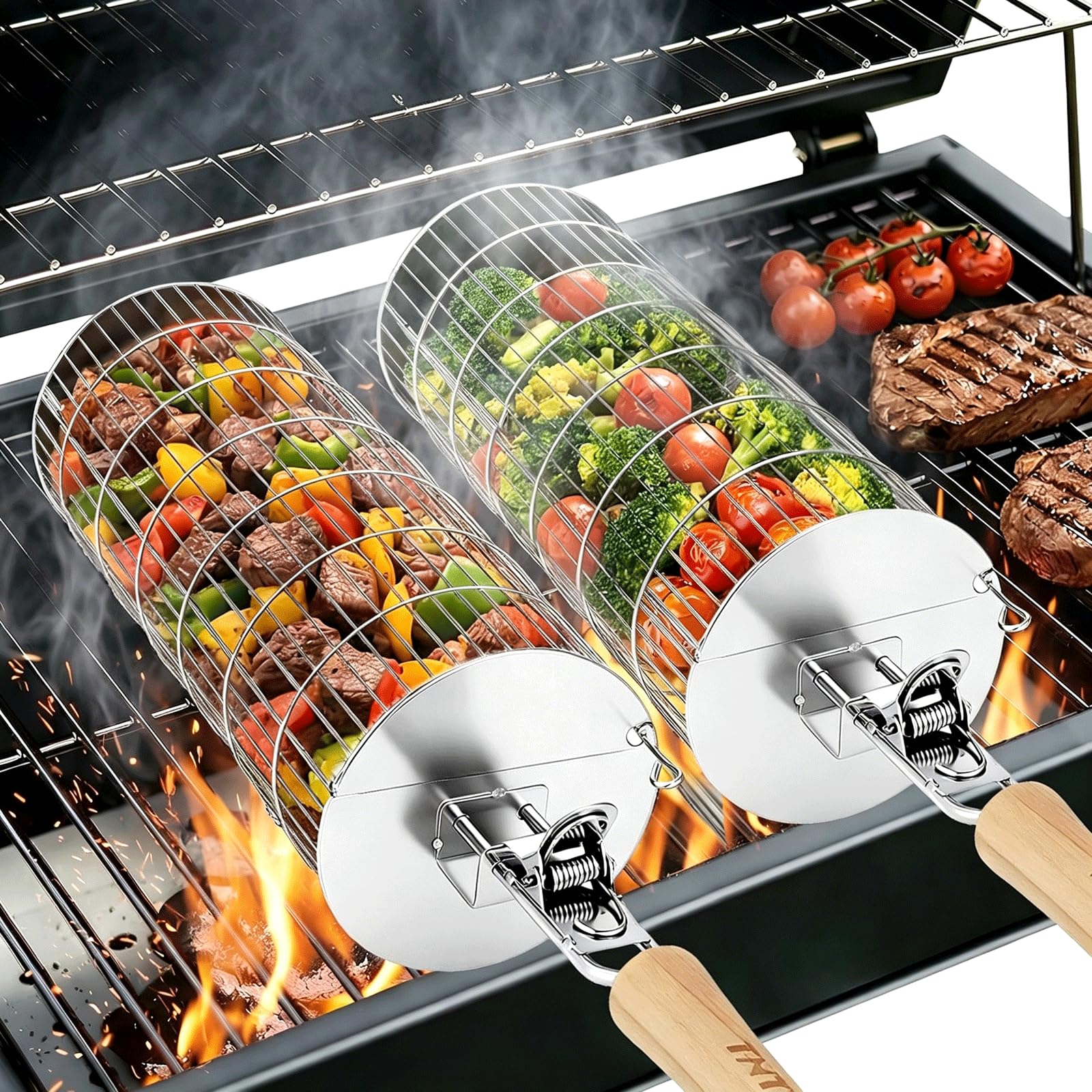 TNTOR front packaging showing rolling grill basket set and benefits