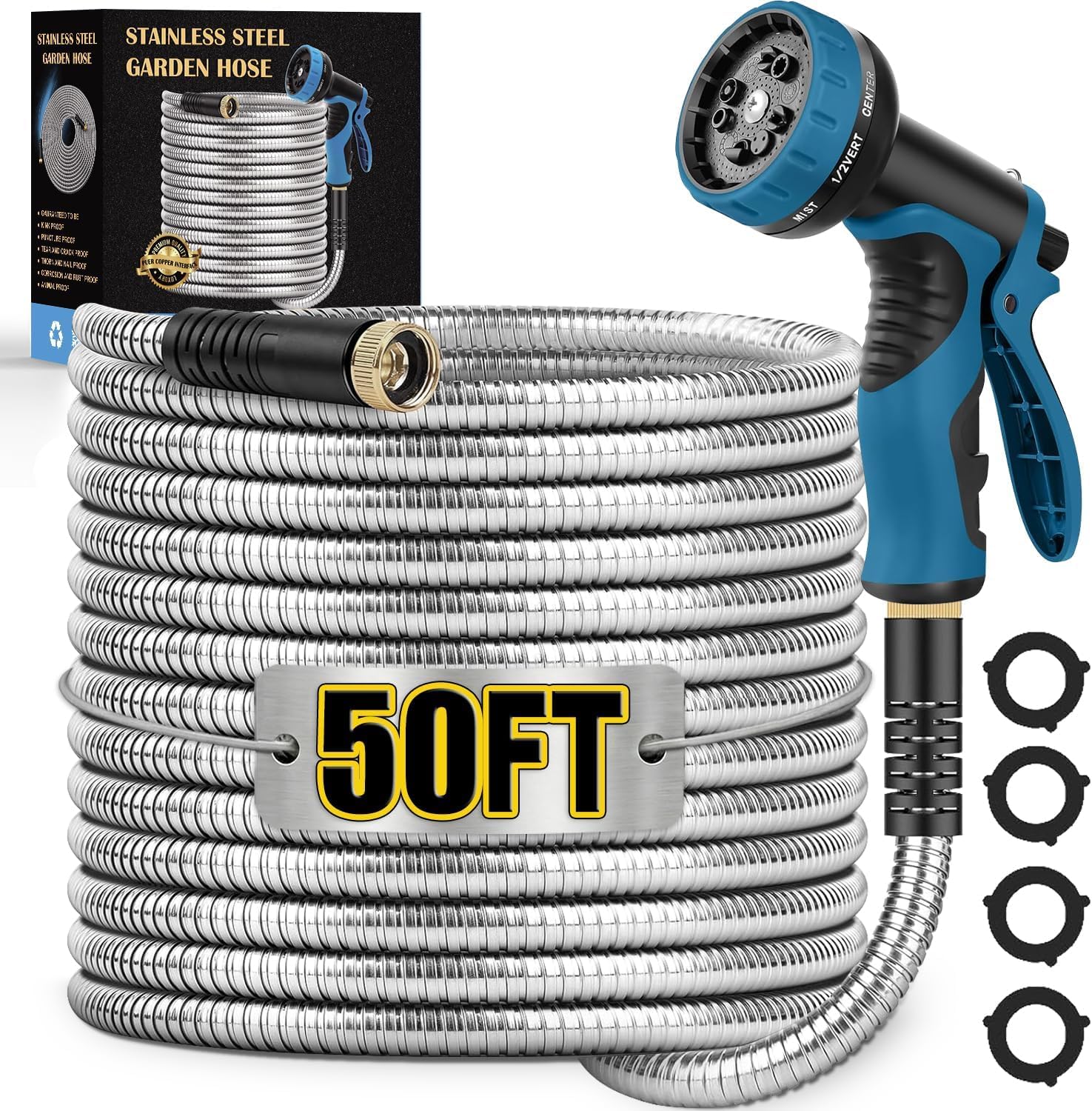 Tocebe front view showing 50FT hose and nozzle for durable outdoor use