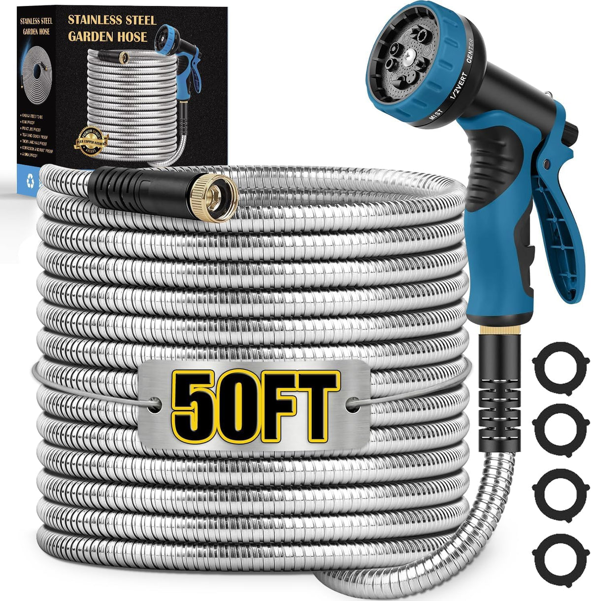 Tocebe front view showing 50FT hose and nozzle for durable outdoor use