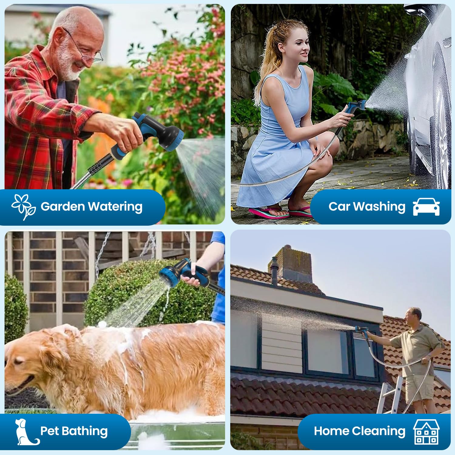 Tocebe hose watering plants in yard showing gentle mist option