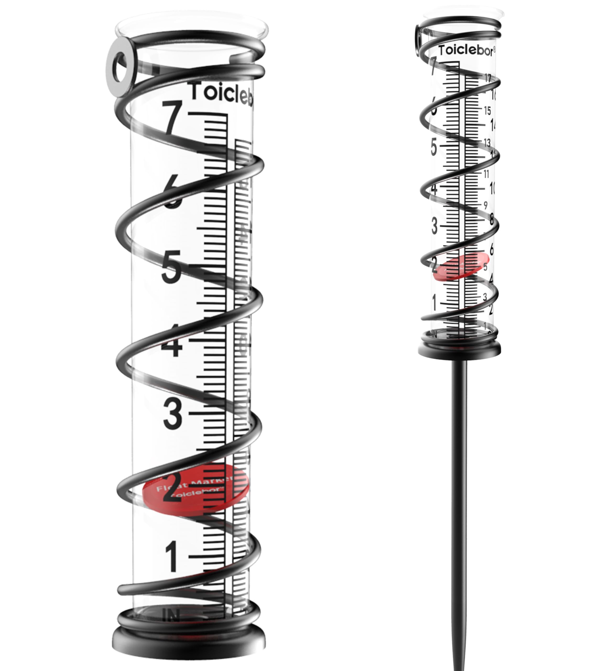 Toiclebor front view of rain gauge showing full tube and stand for clear readings