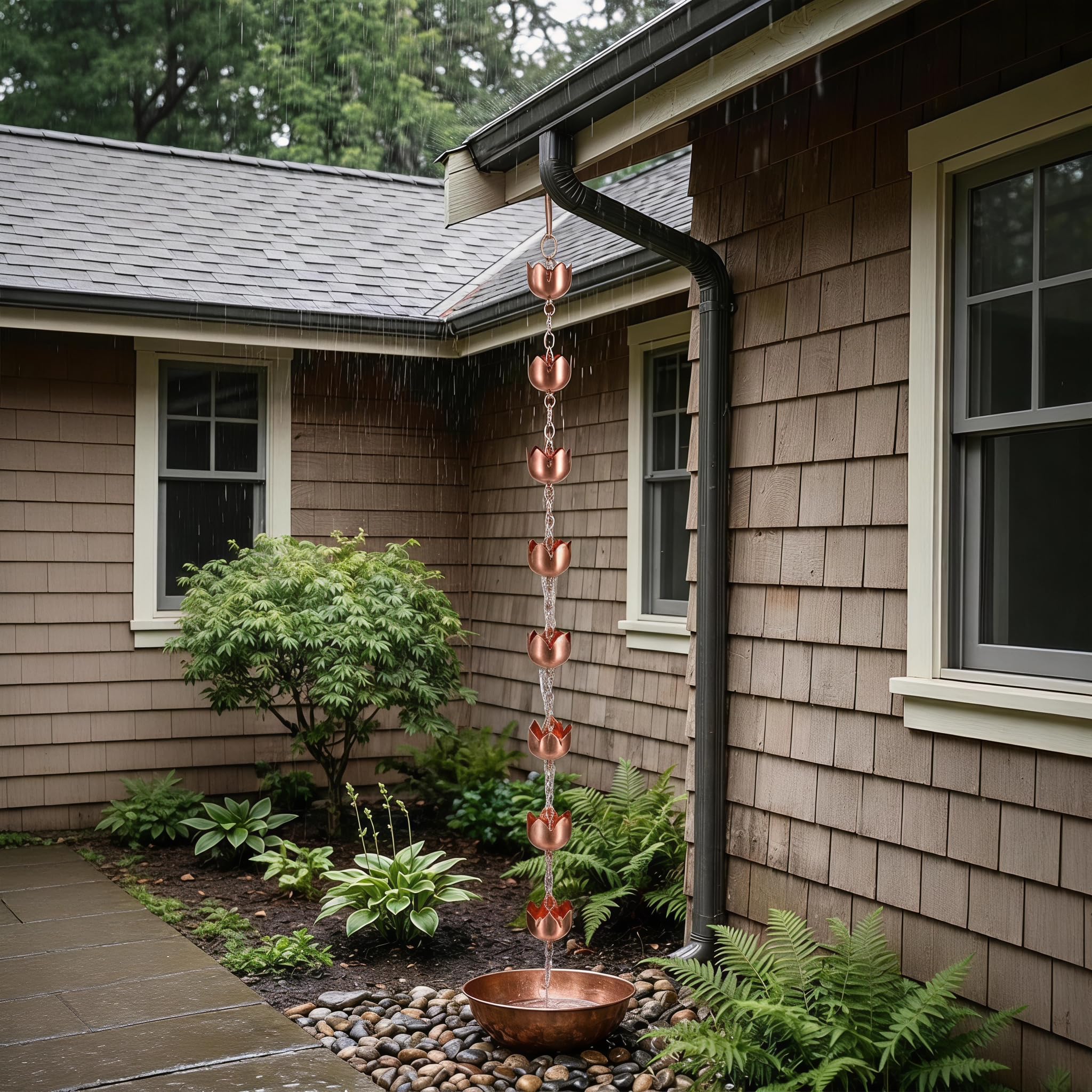 Topadorn installed on gutter during rainfall showing graceful water flow