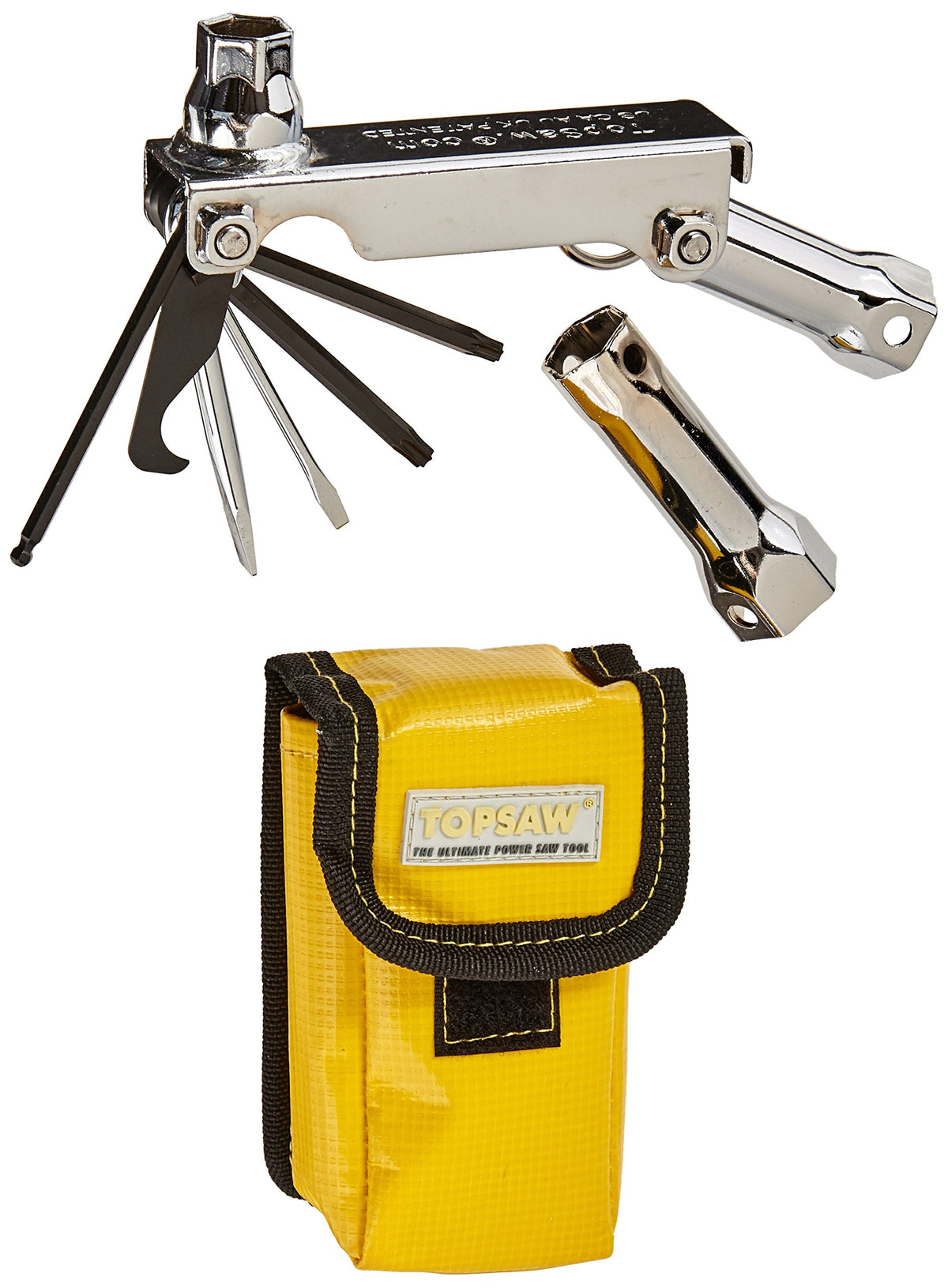 TopSaw multitool front view showing chrome black yellow finish and sheath, easy identification