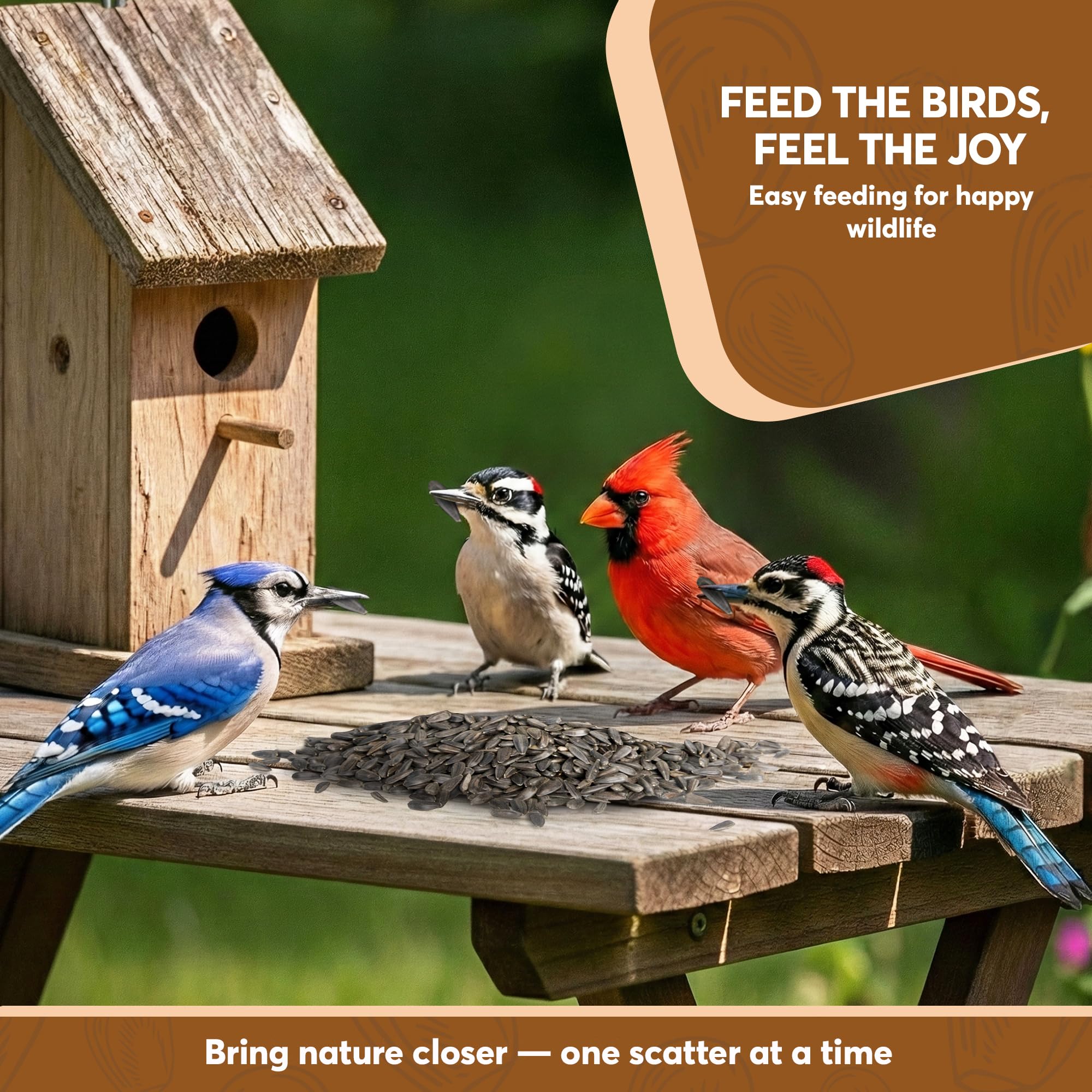 TRAILMARK NATURALS used in a backyard feeder setting showing birds visiting and enjoyment