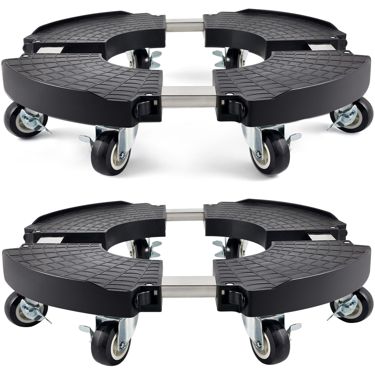 TreeGun front view of two assembled caddies showing sturdy base and wheels, easy mobility