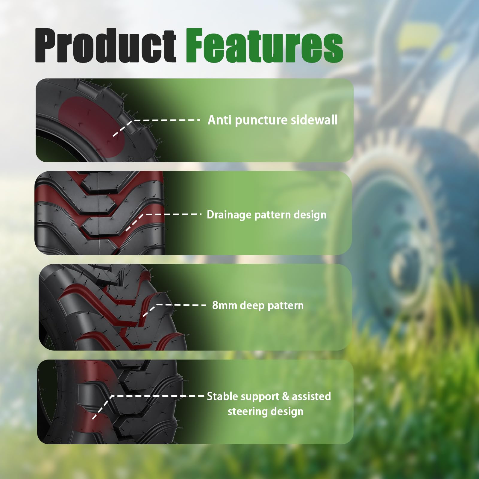 TRIPOWER tire in mowing scene on lawn, preserving turf while providing reliable grip