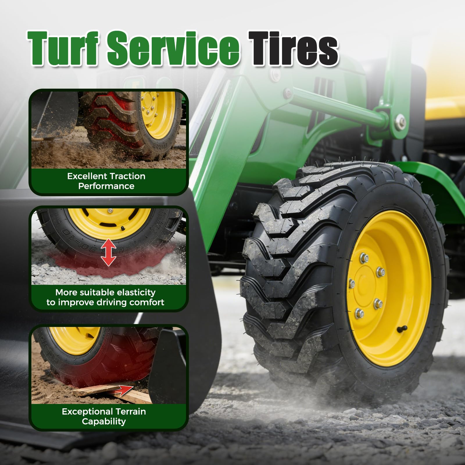TRIPOWER tire mounted on a garden tractor delivering stable handling and traction