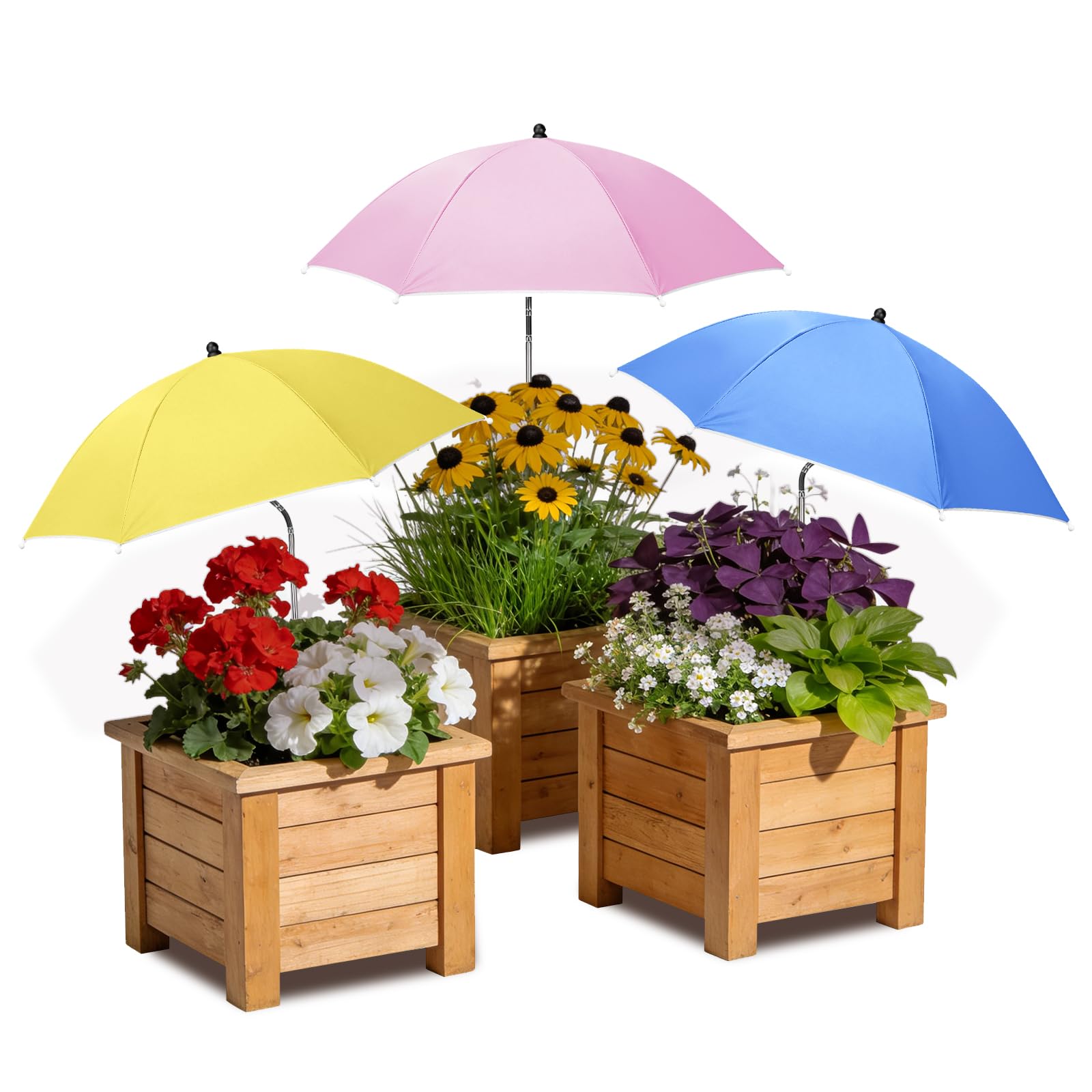 Tryly front view of three umbrellas showing compact shade and garden appeal