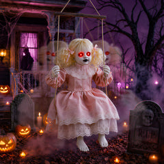 TW SHINE front view of hanging swinging girl prop showing full costume and rope hook for display