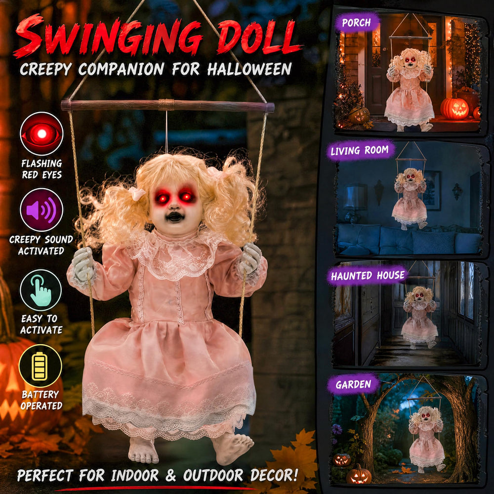 TW SHINE porch installation showing the prop hung over entryway to scare arriving guests
