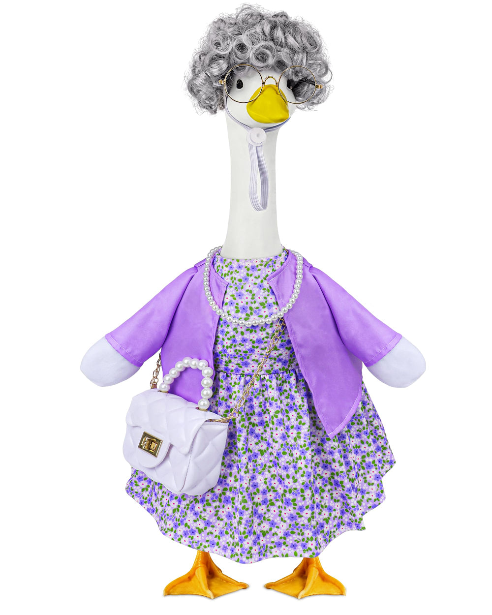 Ueyben front view showing purple floral dress, brightening porch display