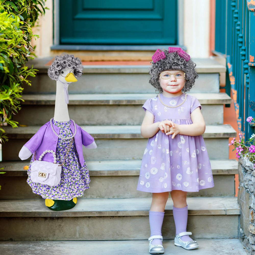 Ueyben dressed goose staged on porch creating whimsical curb appeal