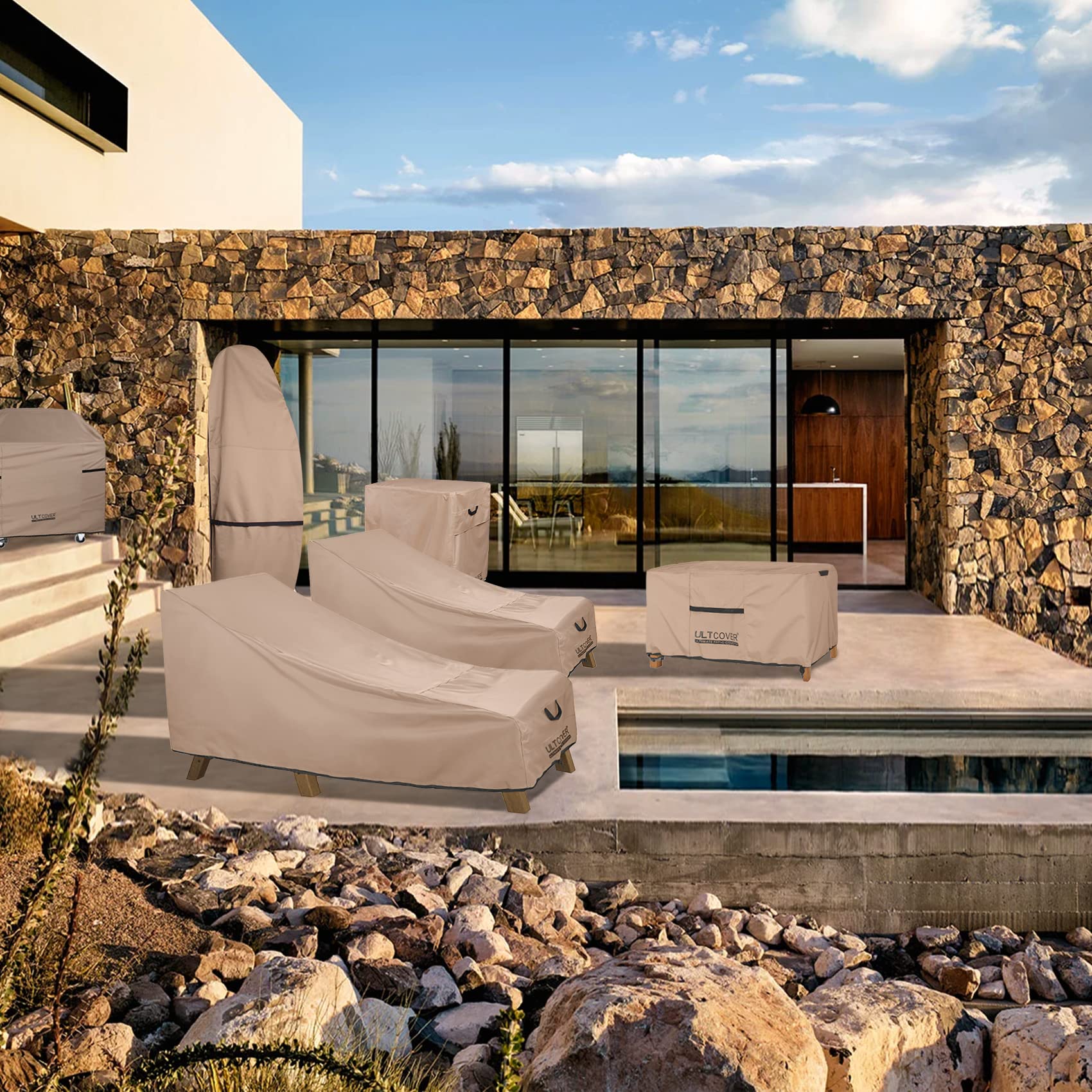 ULTCOVER covers in use on a patio keeping loungers clean and ready