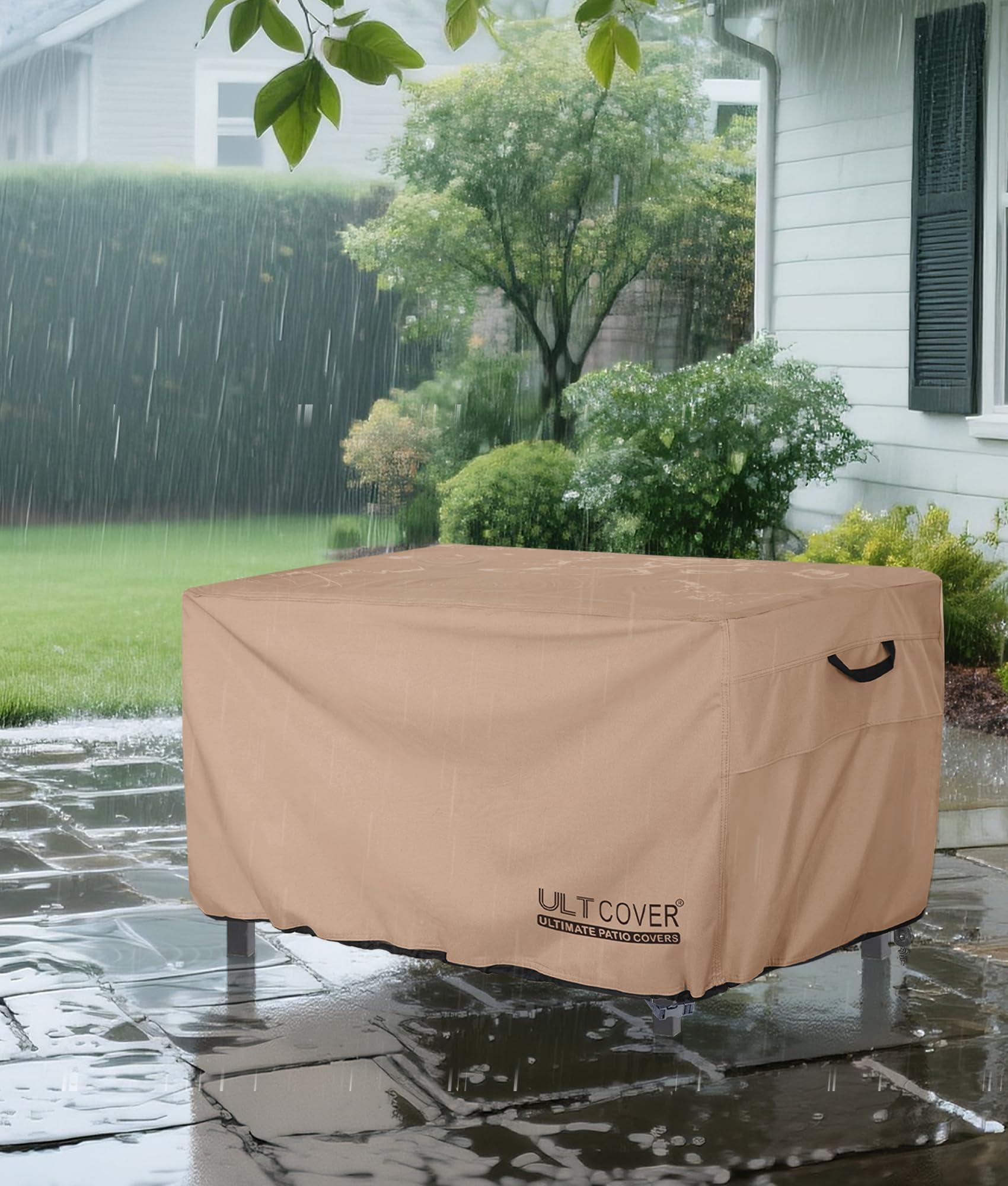 ULTCOVER on a patio fire pit table demonstrating all-weather protection