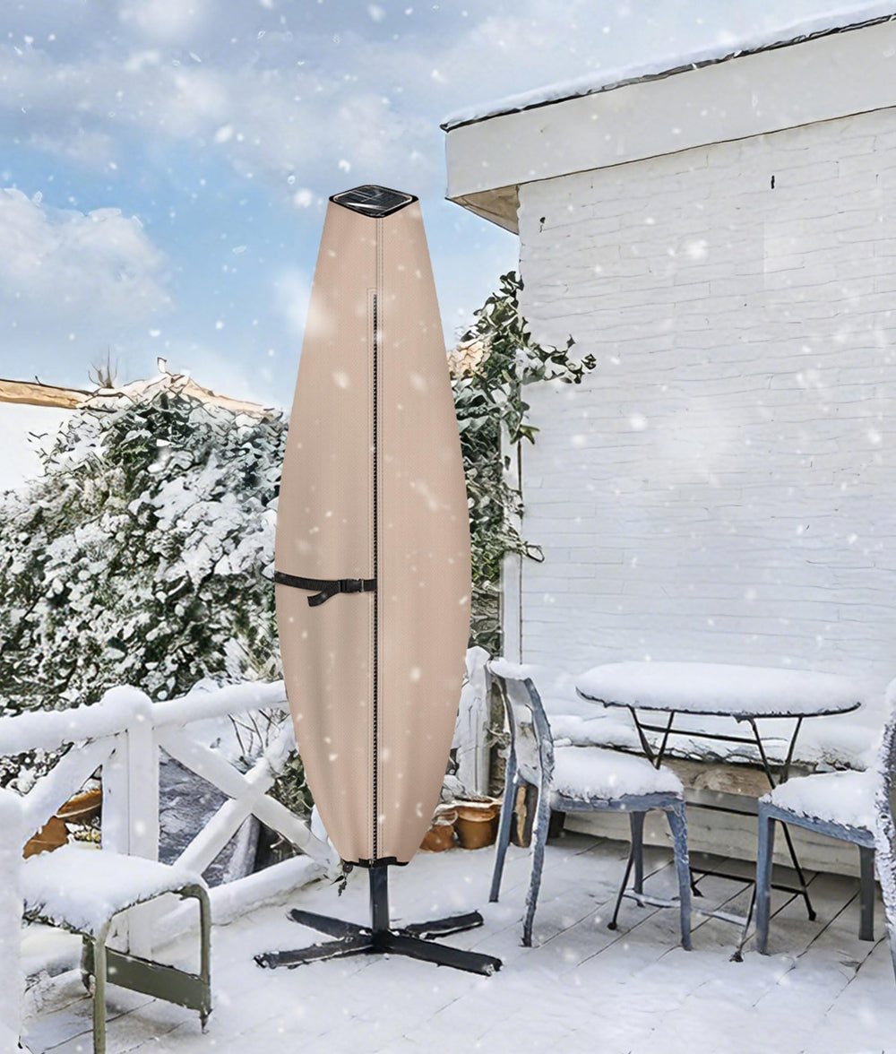 ULTCOVER size comparison beside chair demonstrating fit for up to 11 foot umbrella