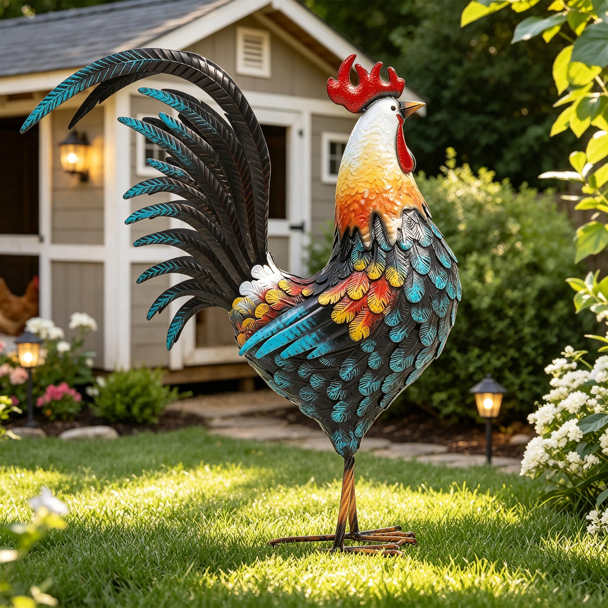 Ultym front view large rooster statue focal point in yard