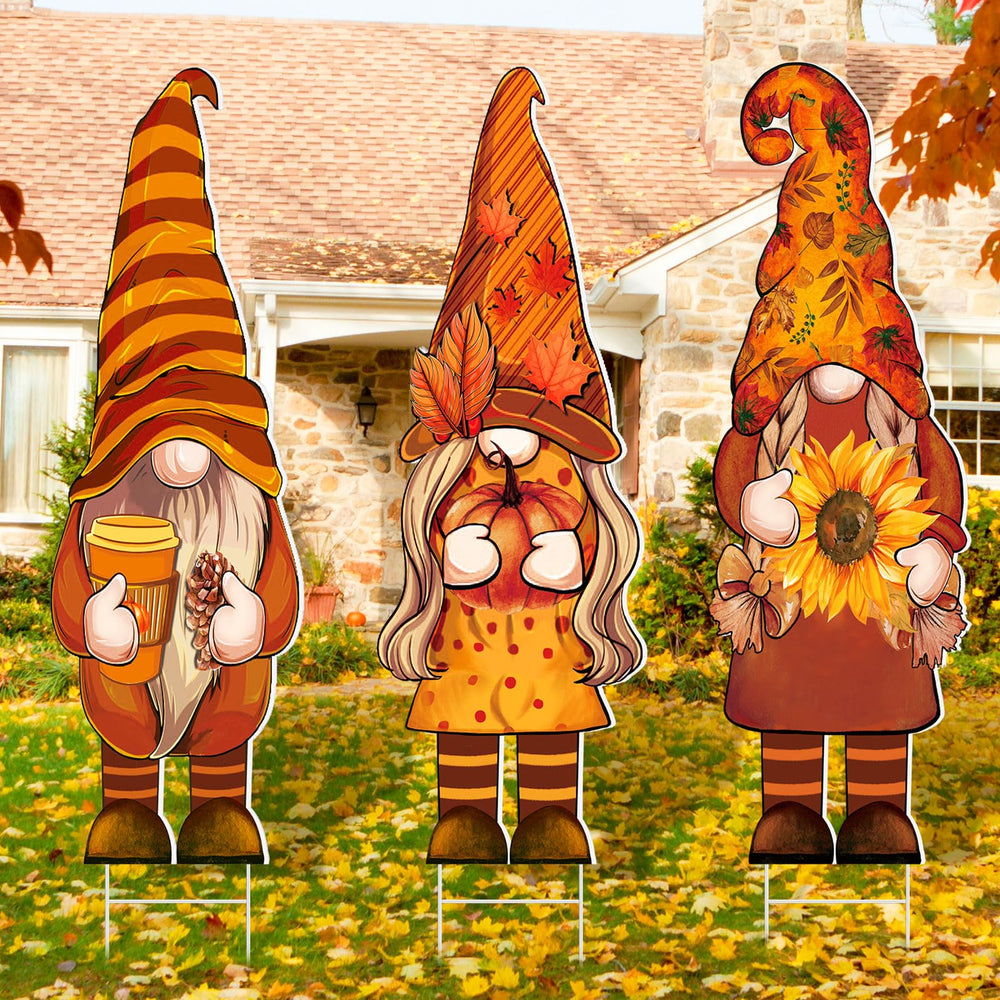 Umigy front view of three gnome yard signs showing festive curb appeal