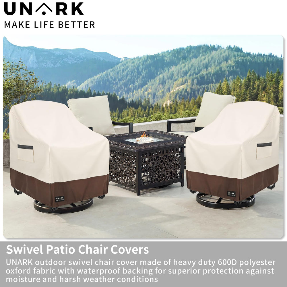 UNARK covered swivel chair in patio setting protecting from rain