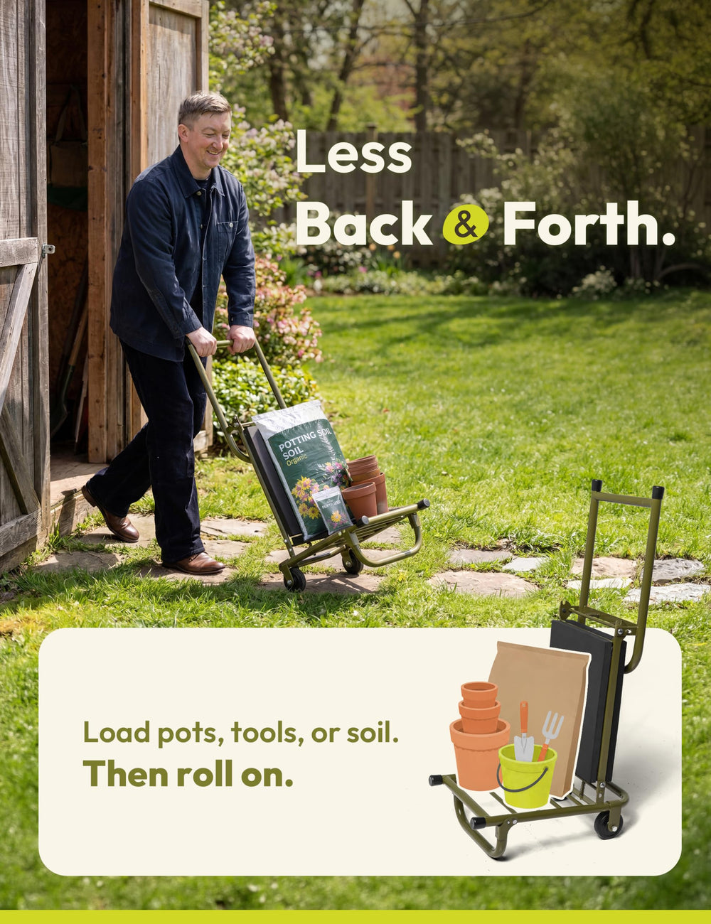 Uncle John next to standard garden tools showing compact size and scale