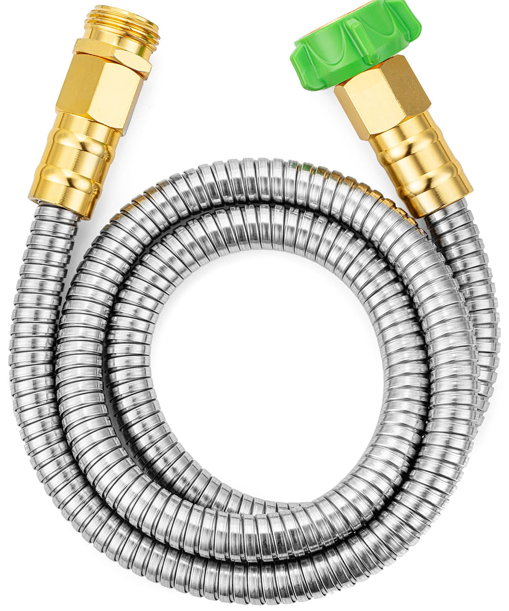 UNCO front view of 4ft stainless steel hose showing compact, durable design