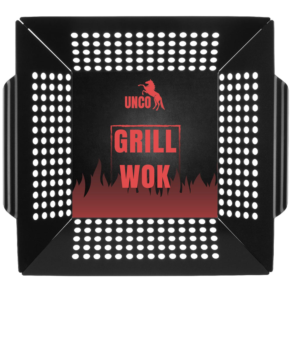 UNCO grill basket front view showing full stainless steel surface and rim for even grilling