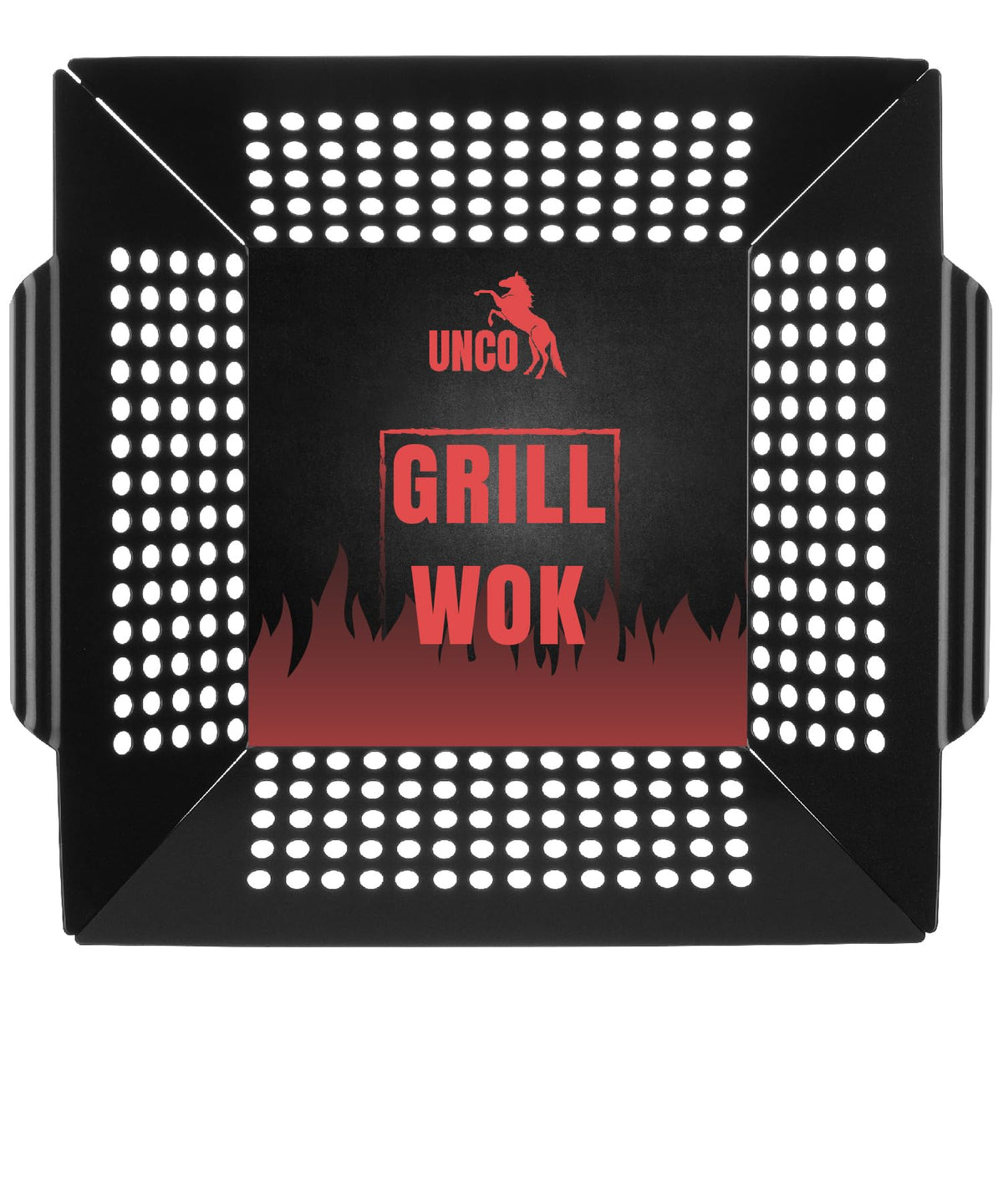 UNCO grill basket front view showing full stainless steel surface and rim for even grilling