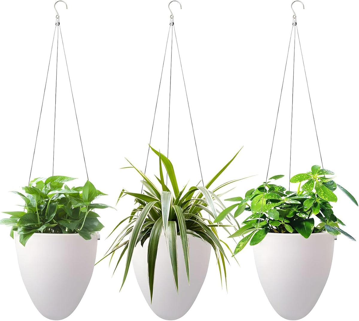 UNDUXE front view of three hanging planters showing sleek finish and color