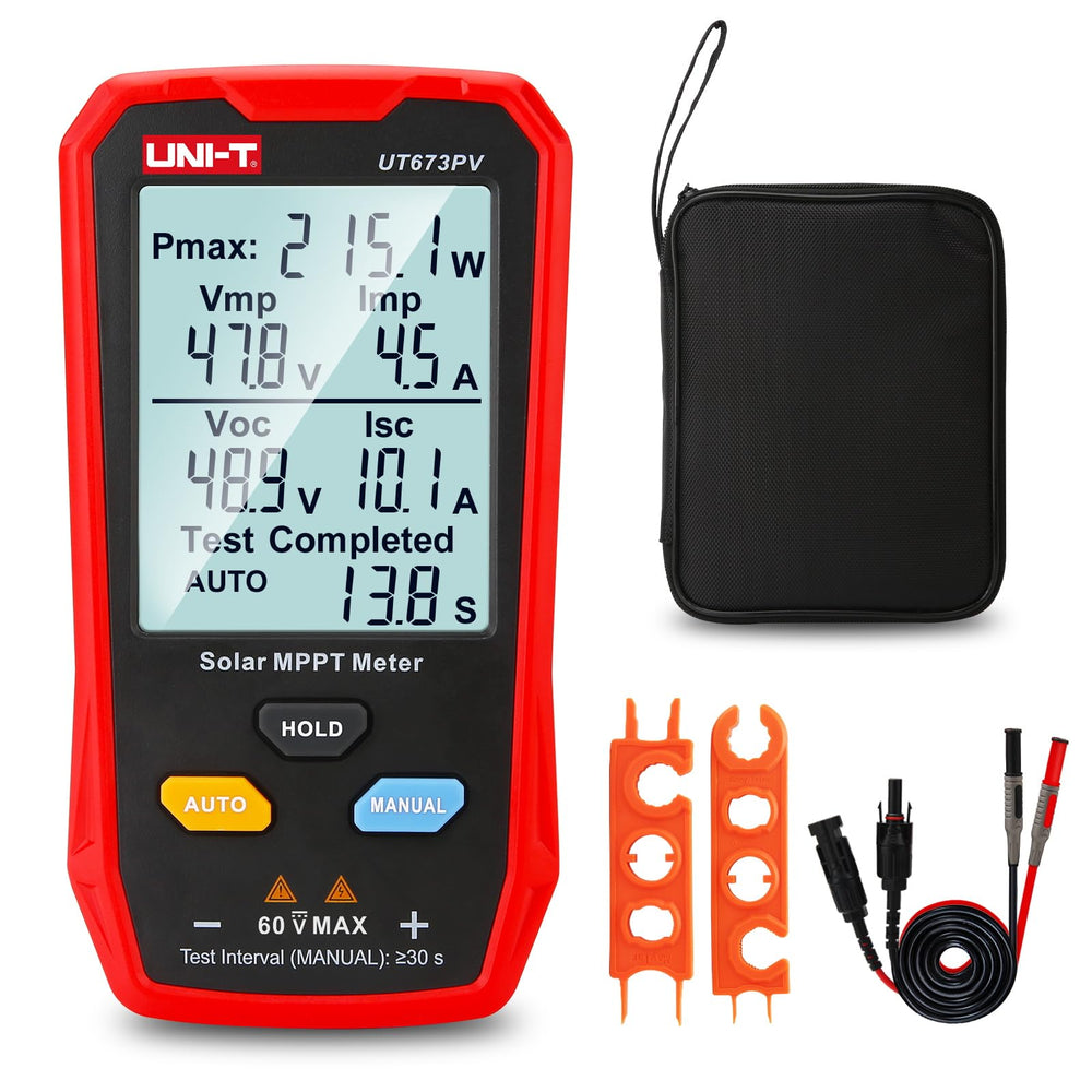 UNI-T UT673PV front display showing multiple solar readings, fast diagnostics