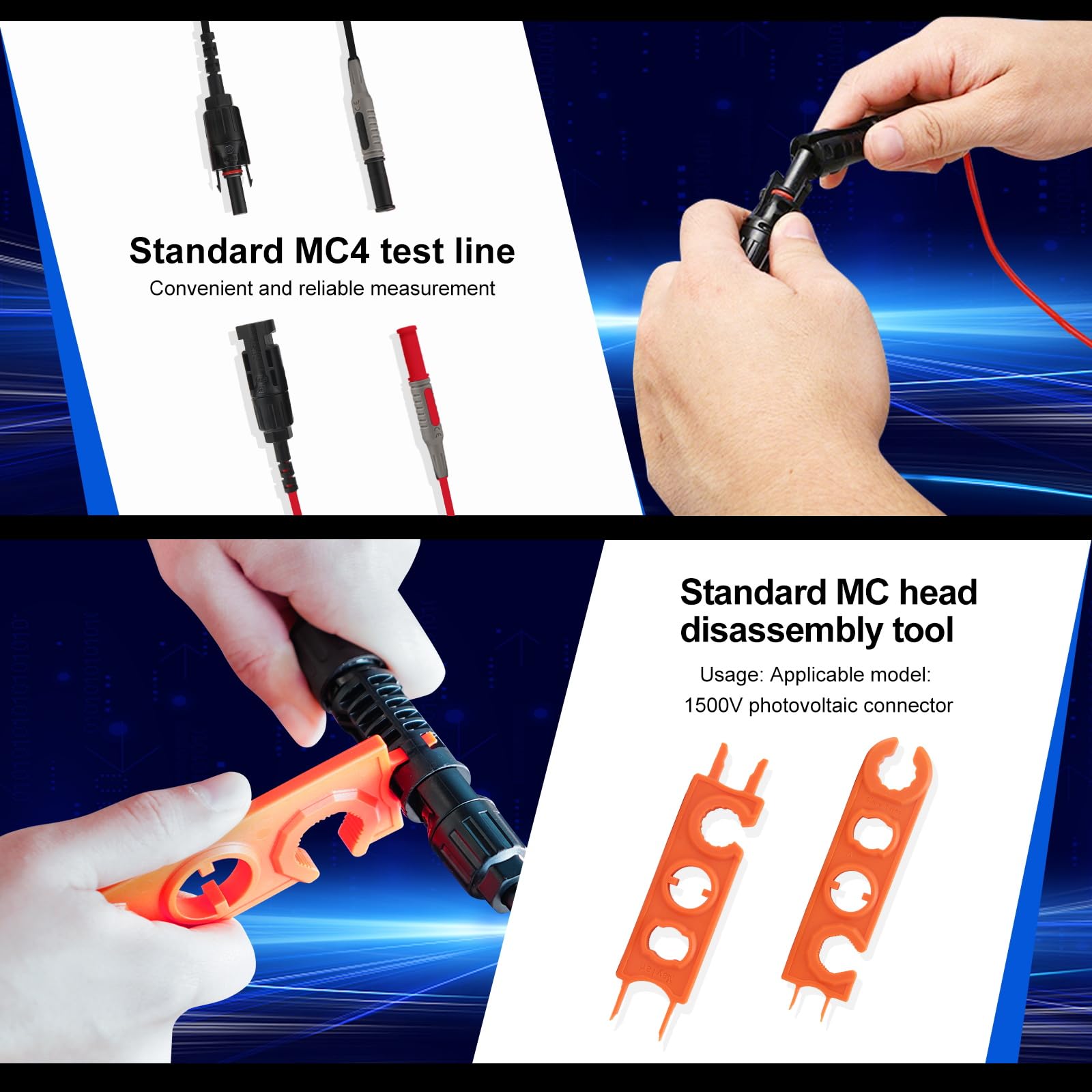 UNI-T UT673PV MC4 test lead connected to panel, safe secure measurement