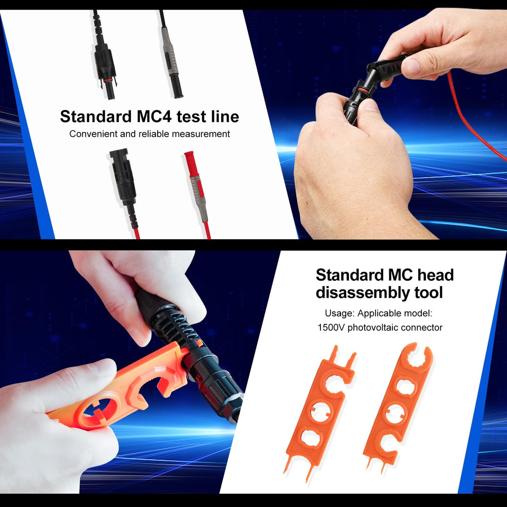 UNI-T UT673PV MC4 test lead connected to panel, safe secure measurement