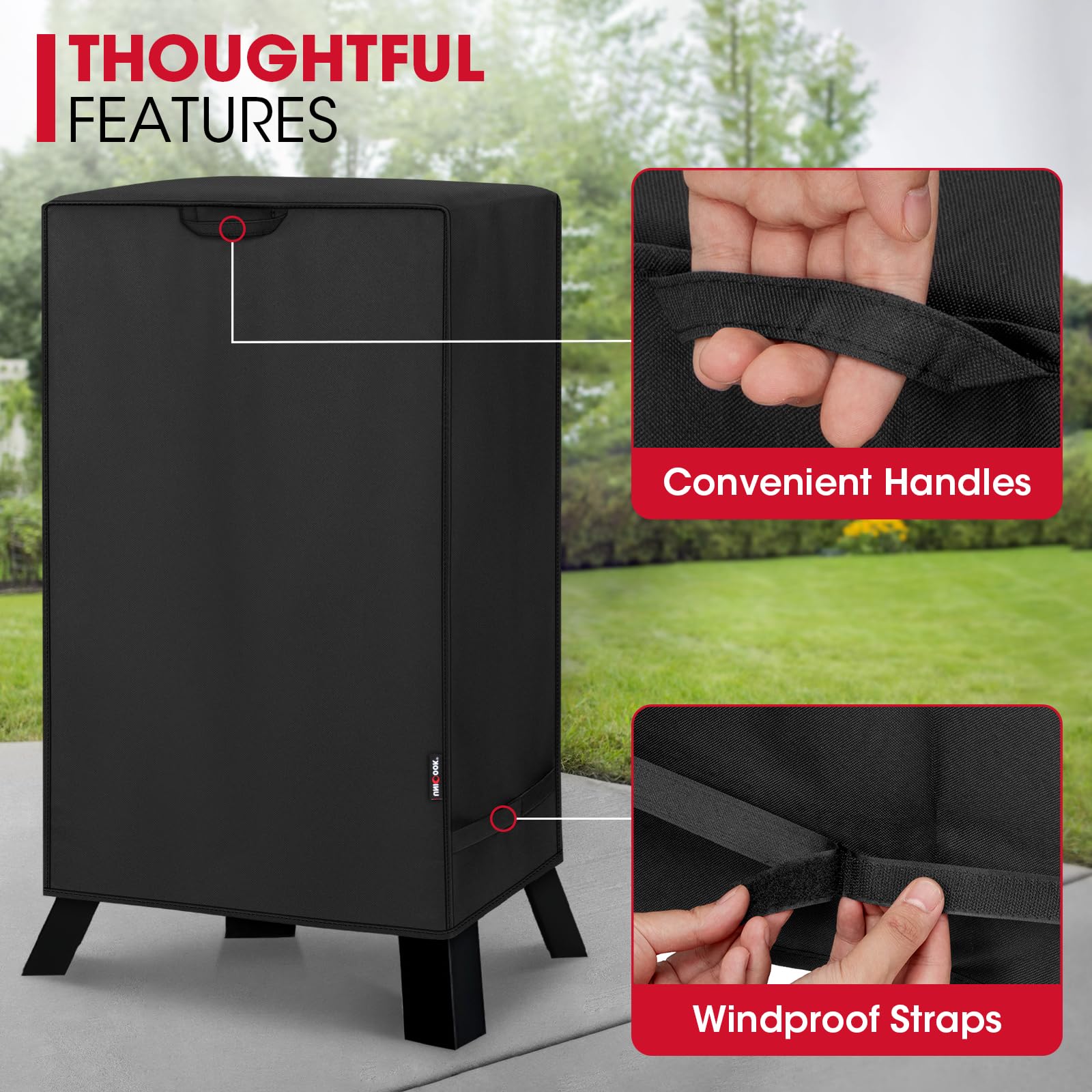 Unicook cover on smoker in patio setting protecting against weather